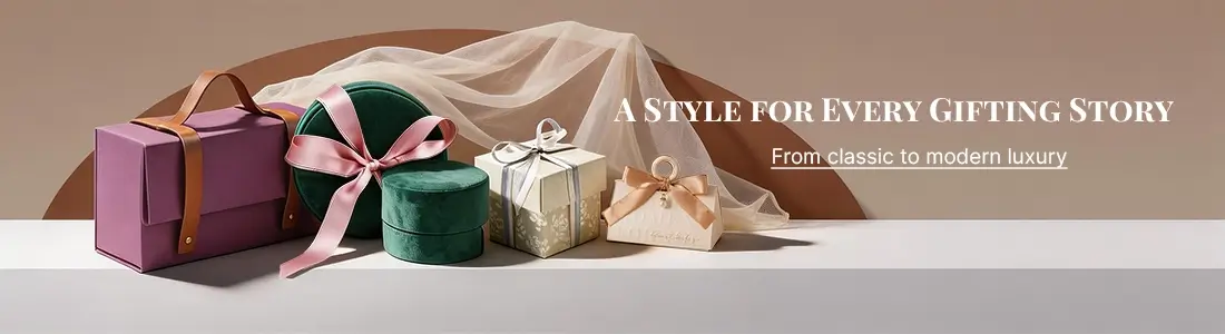 Luxury gift and jewelry boxes in purple, green velvet, and cream styles, with ribbon accents for premium gifting.