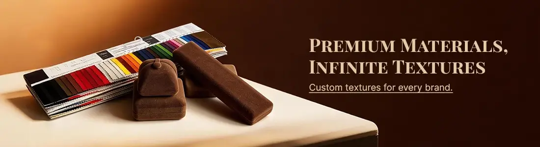 고급 브랜드의 맞춤형 소재 질감을 보여주는 컬러 견본집이 포함된 프리미엄 벨벳 주얼리 상자.