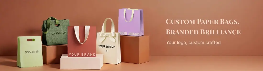 Colorful custom paper bags with branded text, various handle styles, and premium textures for retail and gifting.