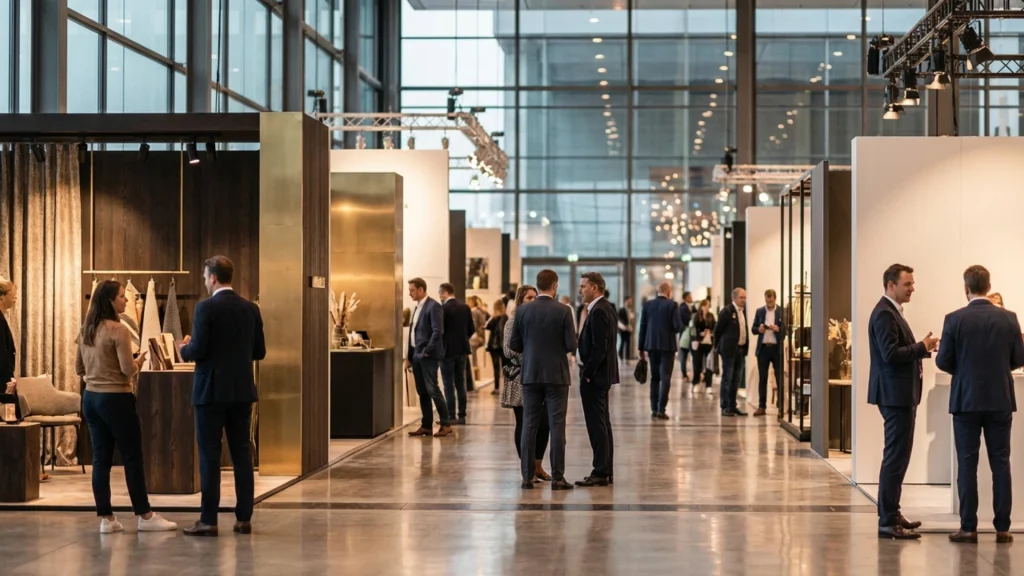 Crowded trade show booth with jewelry displays