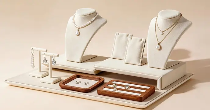 White leather jewelry display set with bust stands, earring holders, and wooden trays for retail showcase.