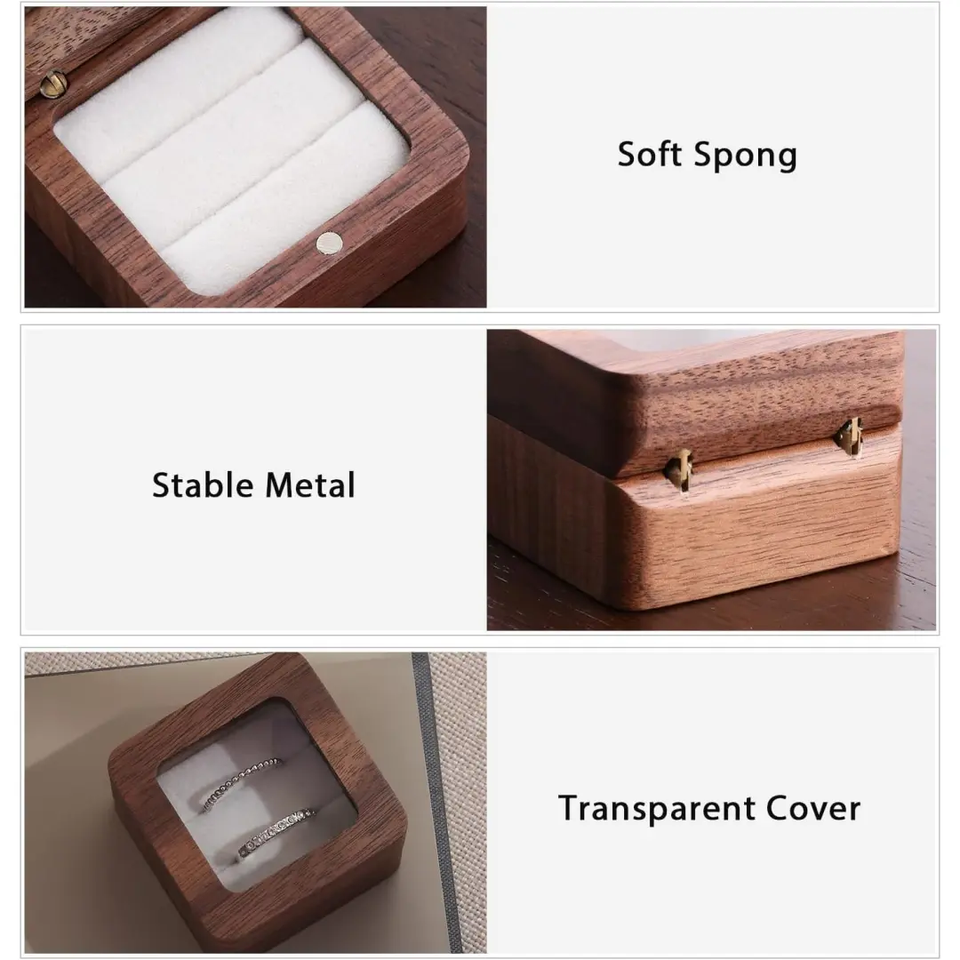 Gravert treboks med dobbel ring | Svart smykkeemballasje i tre | Richpack - Dobbel ringboks med 3 stk.