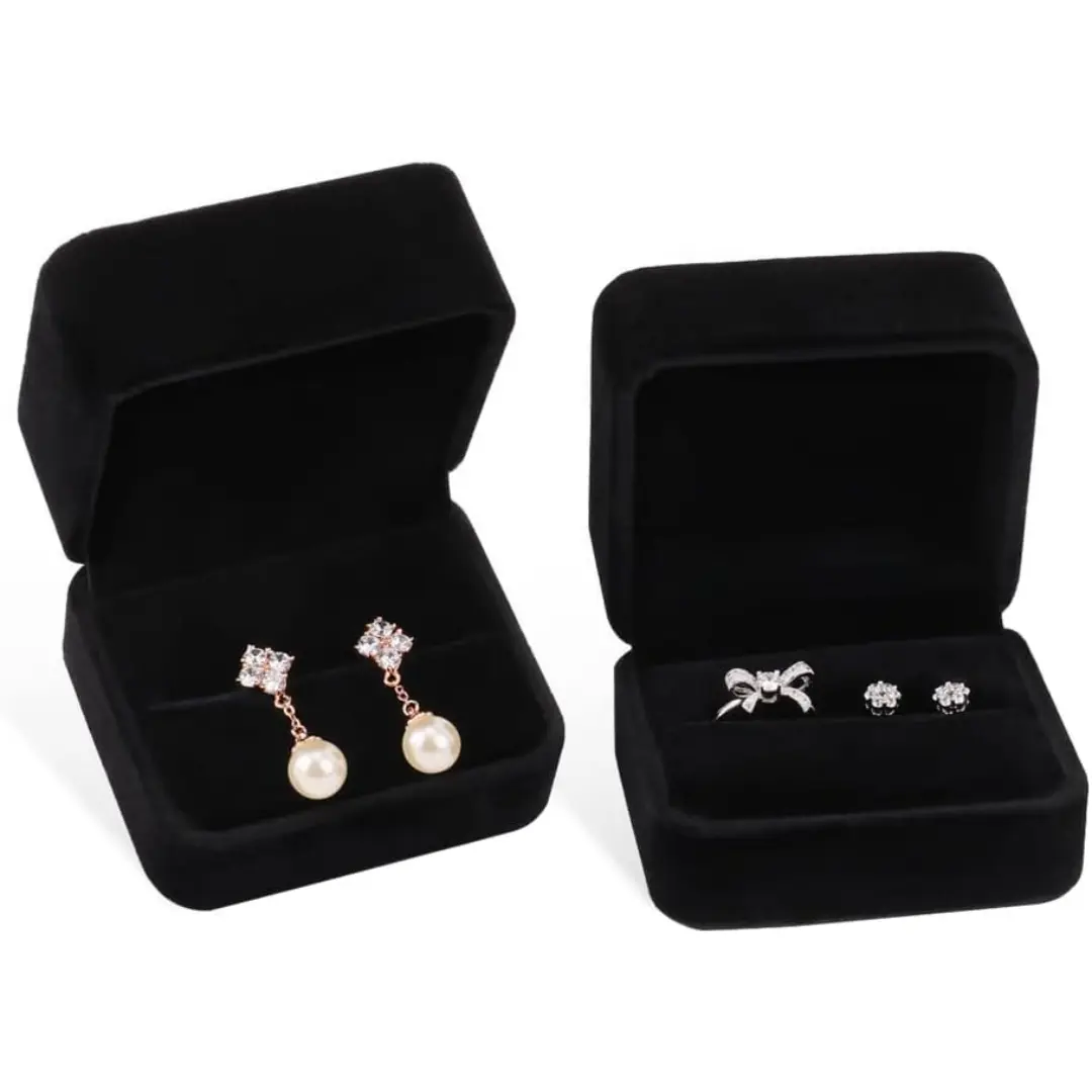 Gravert treboks med dobbel ring | Svart smykkeemballasje i tre | Richpack - Oppbevaringsboks med dobbel ring for 5