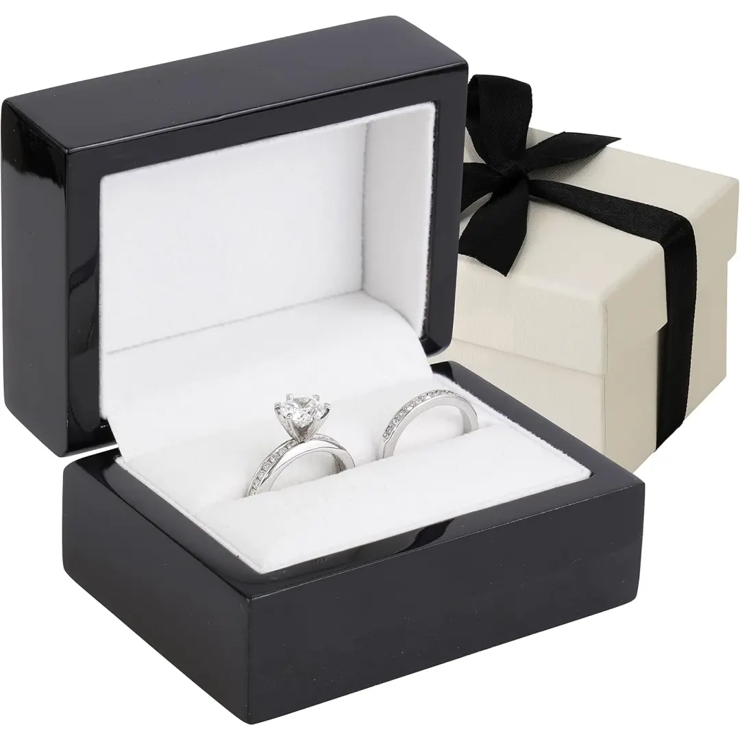 Engraved Wood Double Ring Box | Black Wooden Jewelry Packaging | Richpack - Engraved Wood Double Ring Box