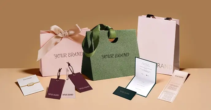 Custom branded paper bags, tags, and cards in pink and green, with logo printing for luxury retail packaging.