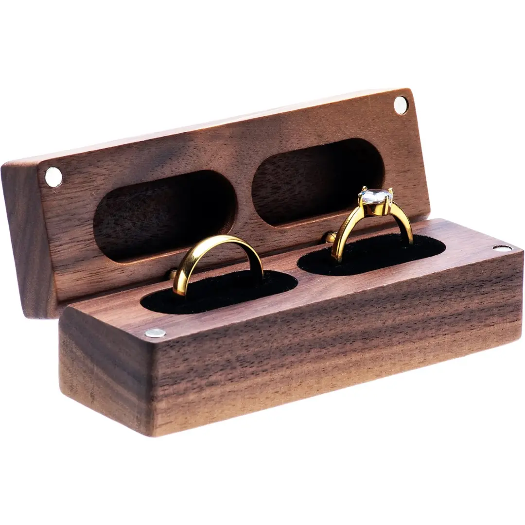 Engraved Wood Double Ring Box | Black Wooden Jewelry Packaging | Richpack - Slim double ring box