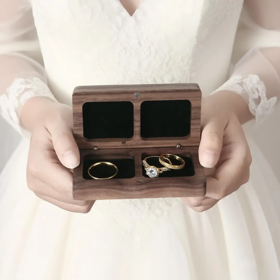 Engraved Wood Double Ring Box | Black Wooden Jewelry Packaging | Richpack - Wooden Ring Box for Wedding 5