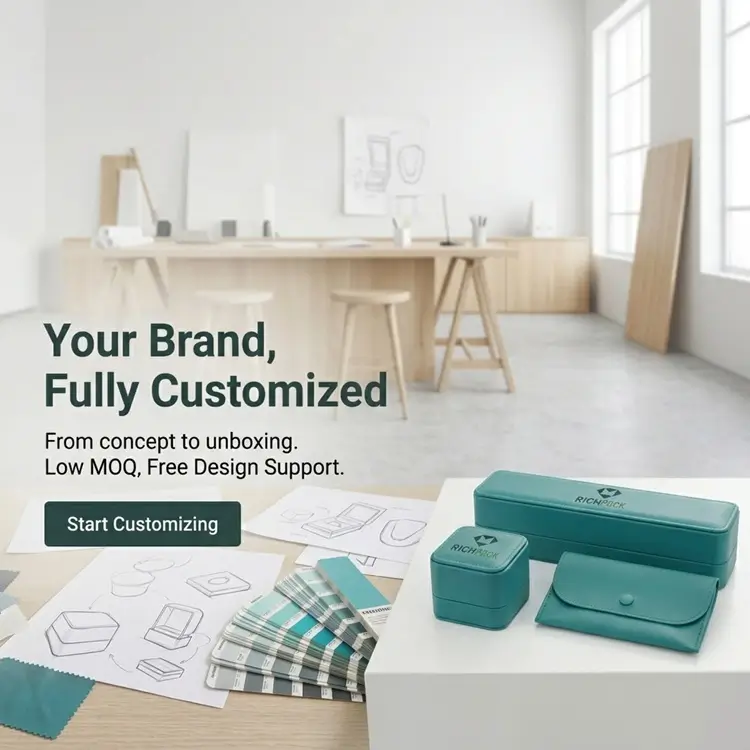 Custom Brand Packaging: RICHPACK teal boxes/bags, design sketches, Pantone swatches – 'Your Brand, Fully Customized' with low MOQ & free design support.