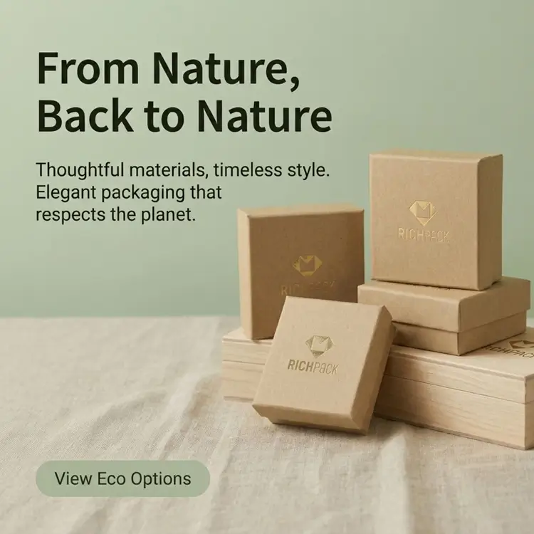 Eco-Friendly Packaging: RICHPACK sustainable boxes (natural materials) – 'From Nature, Back to Nature' planet-friendly elegant packaging.