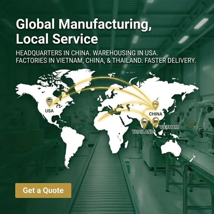 Global Manufacturing Local Service: China HQ, USA Warehouse, Asia Factories (Vietnam/Thailand)