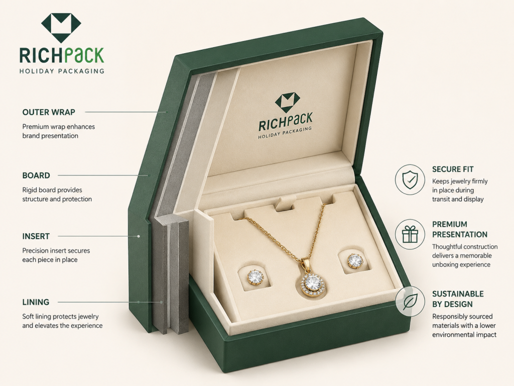 La guía definitiva para diseñar empaques festivos para las fiestas: planifica conjuntos de regalo con diferentes tipos de joyas.