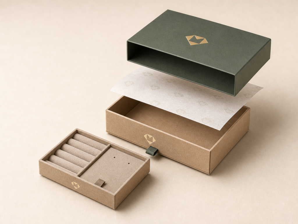 10 Creative Jewelry Packaging Ideas for Small Businesses - Kraft Drawer Boxes With a Color Sleeve