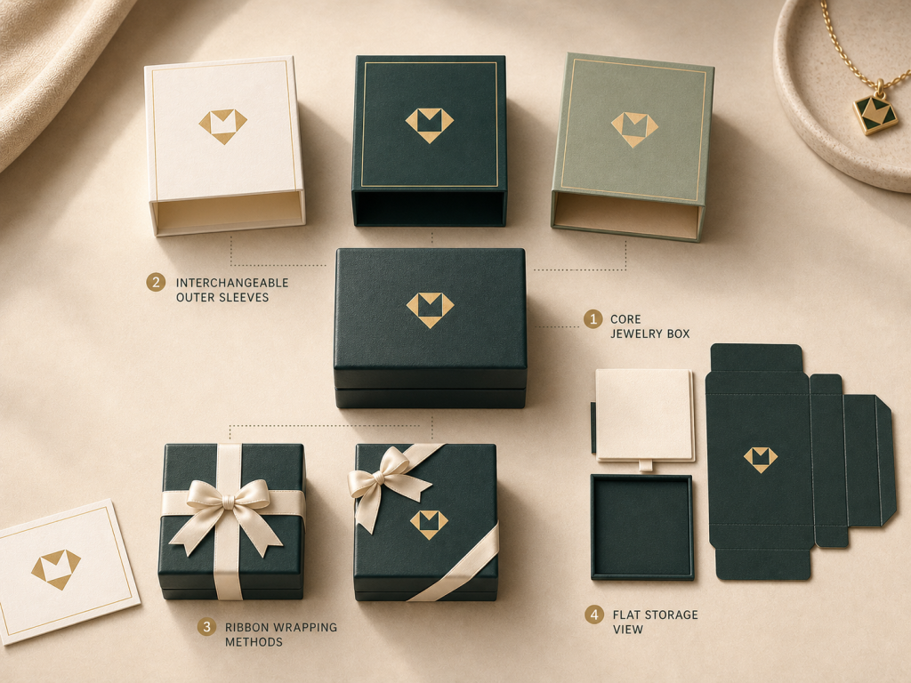 10 Creative Jewelry Packaging Ideas for Small Businesses - Seasonal Sleeves and Ribbons Over a Core Box