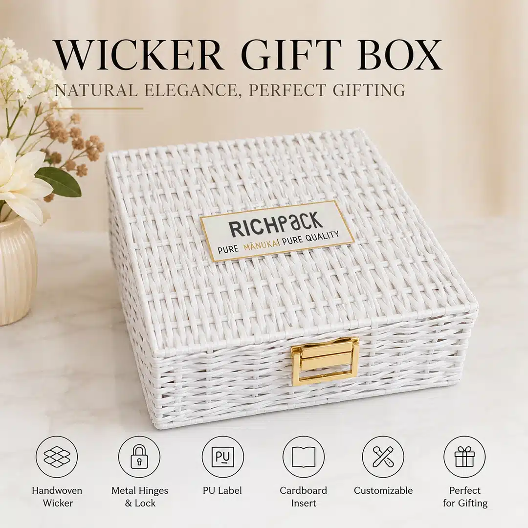 Kotak Hadiah Anyaman Putih dengan Label PU, Sisipan Kartu Kertas, Engsel Paduan Logam, dan Dudukan Besi untuk Kemasan Promosi | Richpack - kotak anyaman 3