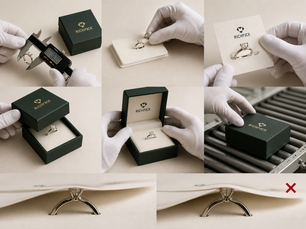 Jewelry packaging sample approval checks card fit, product clearance, opening behavior, and packing repeatability.