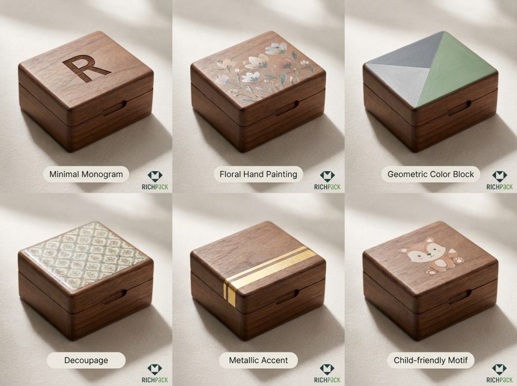 Painted jewelry box personalization methods show different design outcomes.