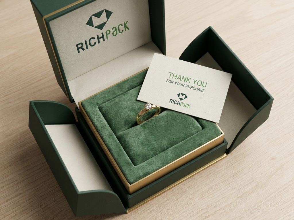 Promotional insert card communicates a next action while protective jewelry insert controls movement inside the box.