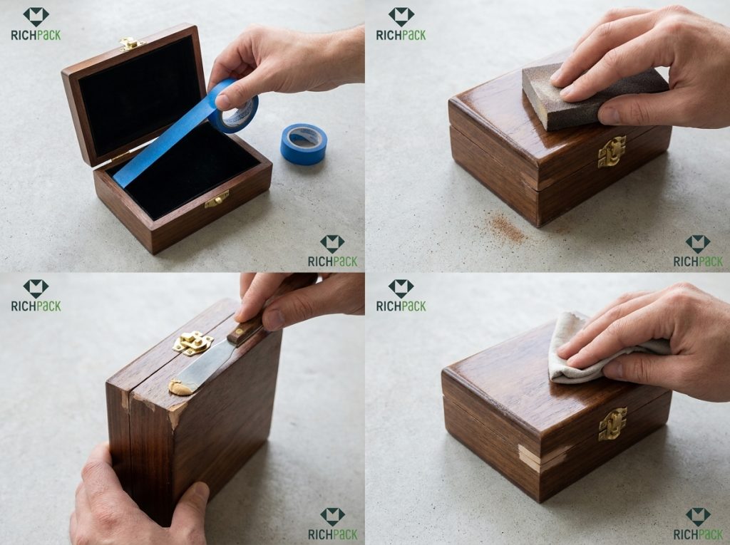 Preparation steps protect a small jewelry box before painting.