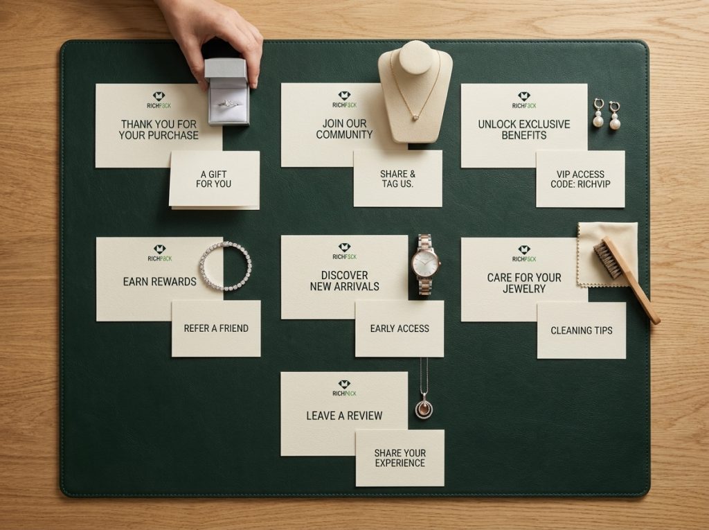 Seven packaging insert cards connect jewelry customer moments to distinct loyalty actions and measurement signals.