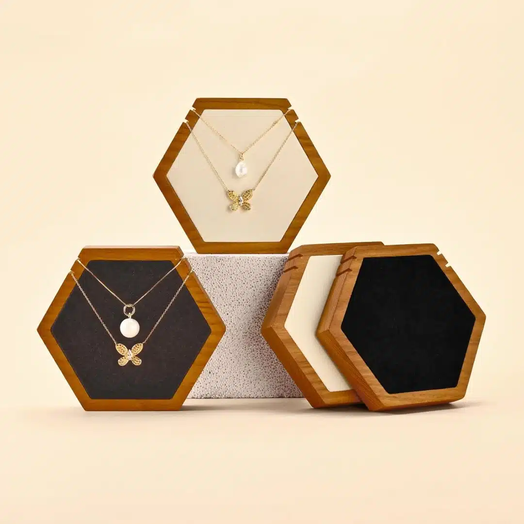 Wooden Necklace Stand in Brown Wood | Geometric Necklace & Pendant Display Holder for Retail | Richpack - wooden necklace stand 2