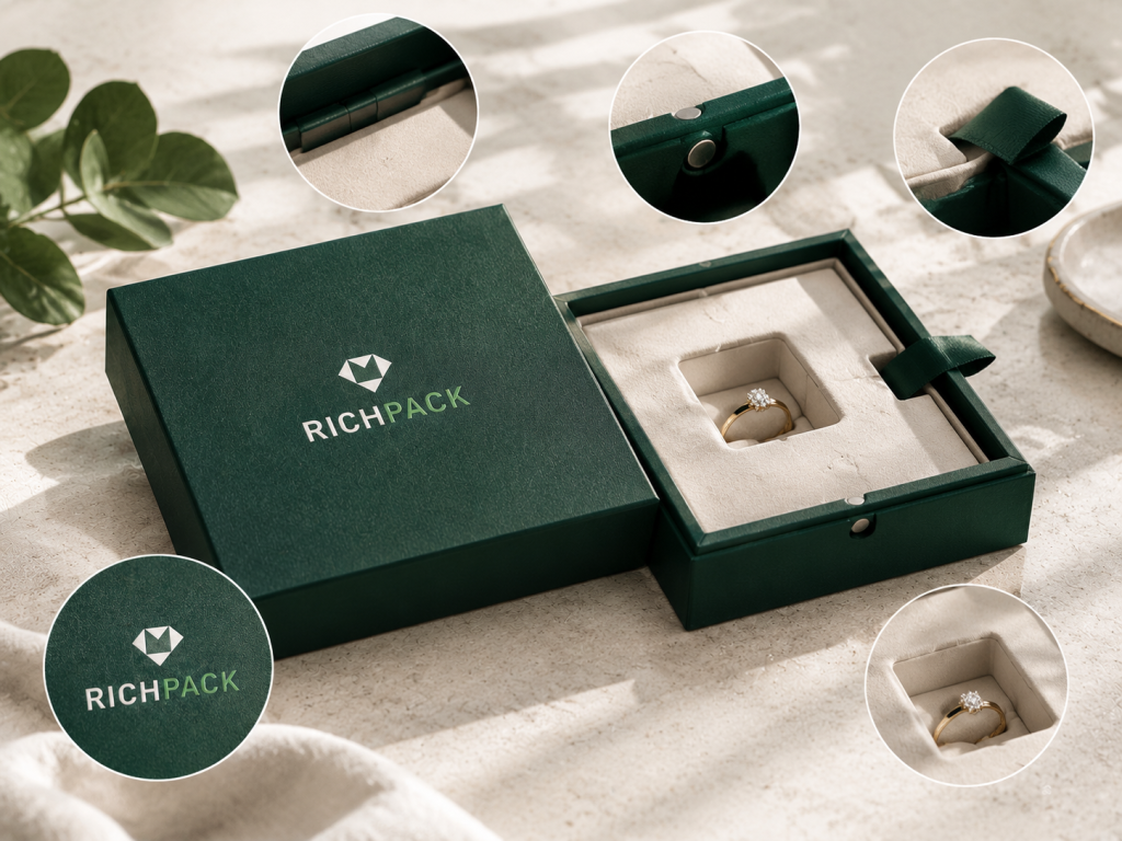 Jewelry box finish safe zones protect the hinge, magnet, ribbon, closure, and insert.