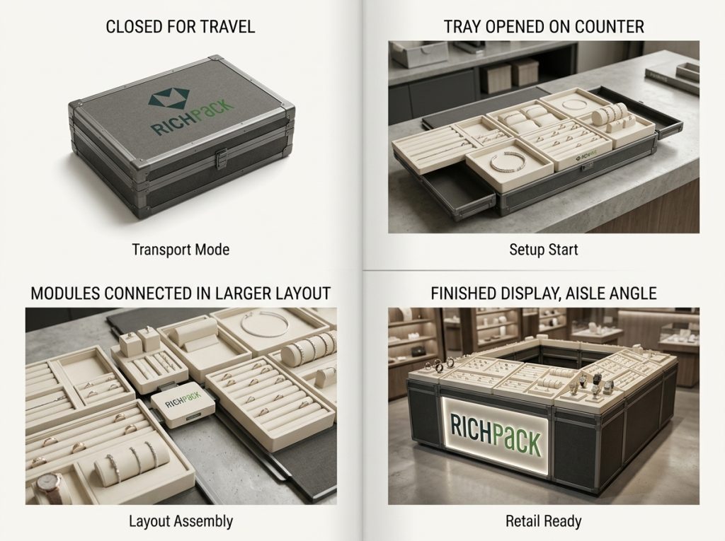 Fold-away case stackable trays and coordinated jewelry display formats