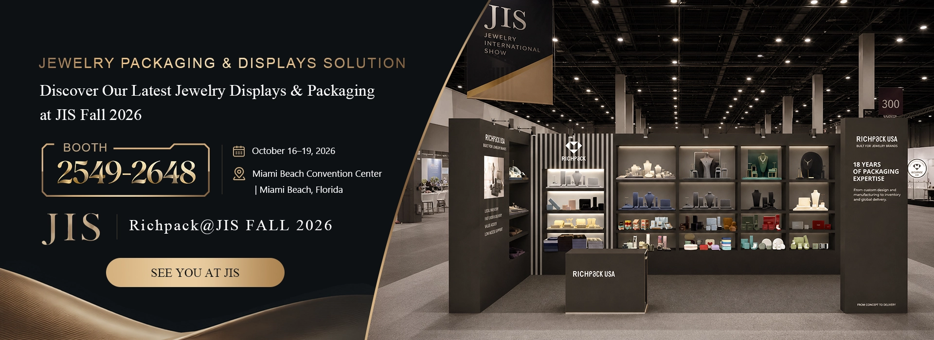 Richpack booth at JIS Fall 2026 jewelry trade show showcasing custom jewelry packaging and display solutions at Miami Beach Convention Center, booth 2549-2648