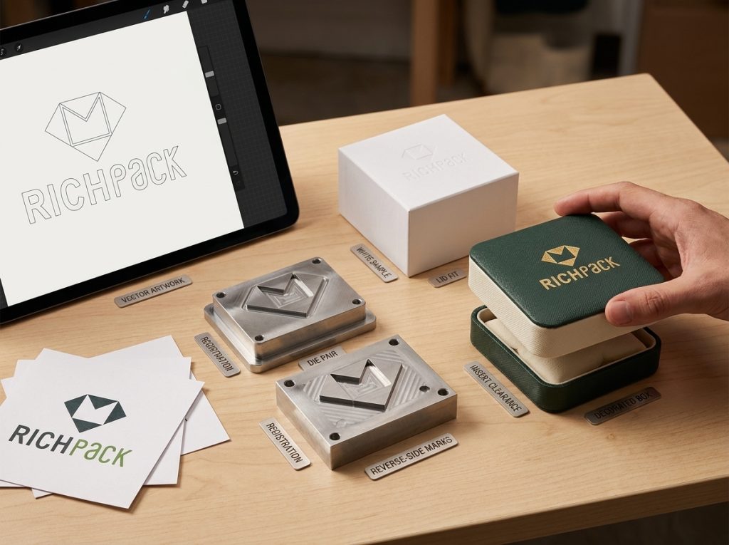 Packaging approval moves from vector artwork to die setup, white sample, and decorated box handling checks.