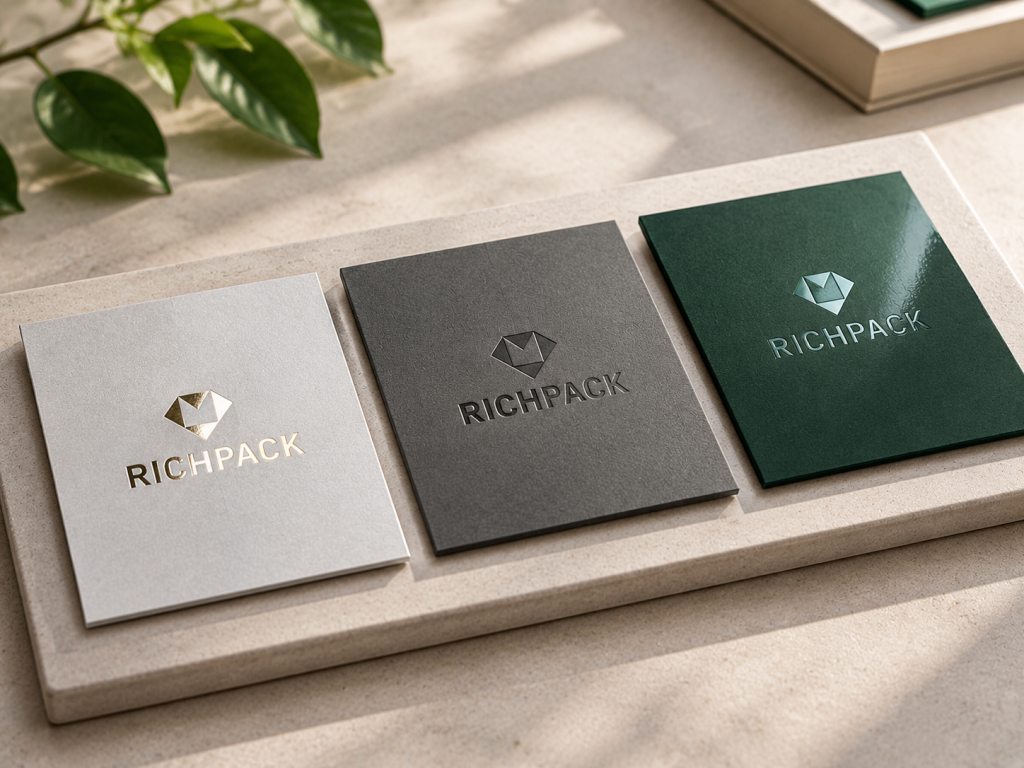 Foil stamping, debossing, and spot UV compared on the same packaging board.