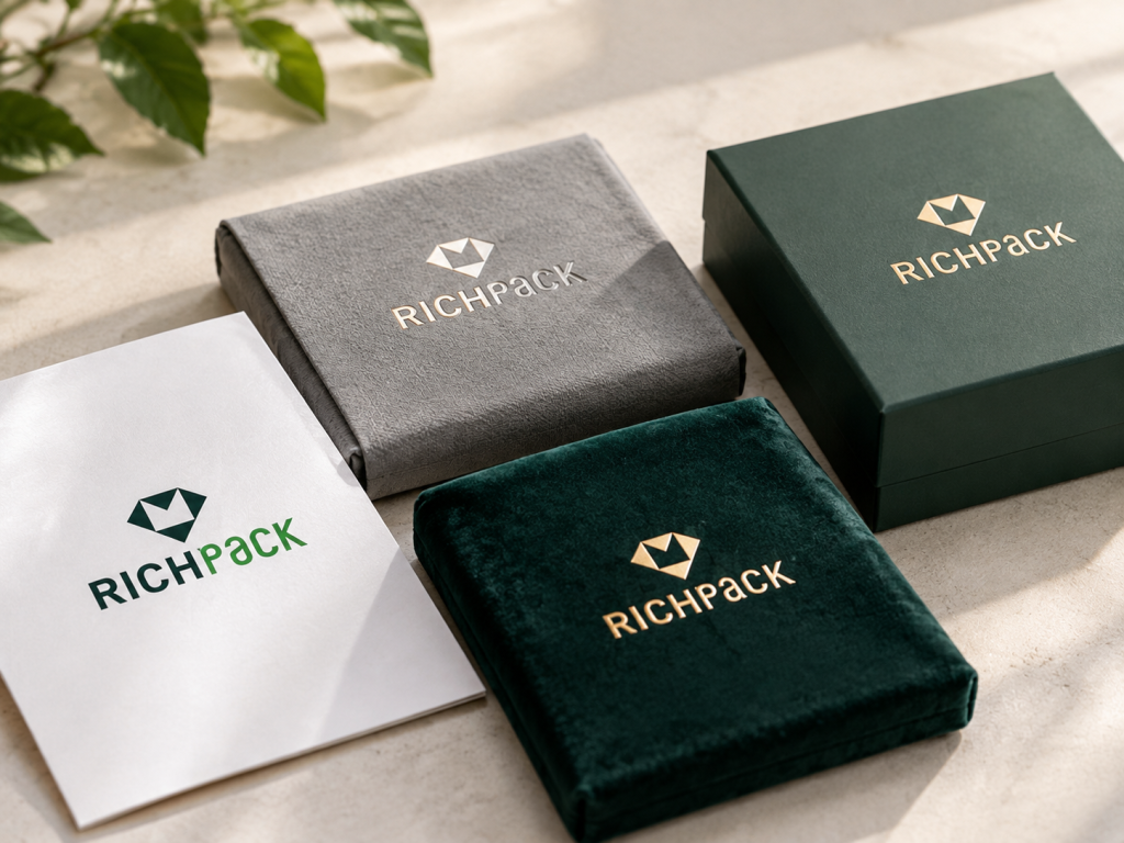 The same foil stamping mark changes across paperboard, textured wrap, velvet, and rigid box surfaces.