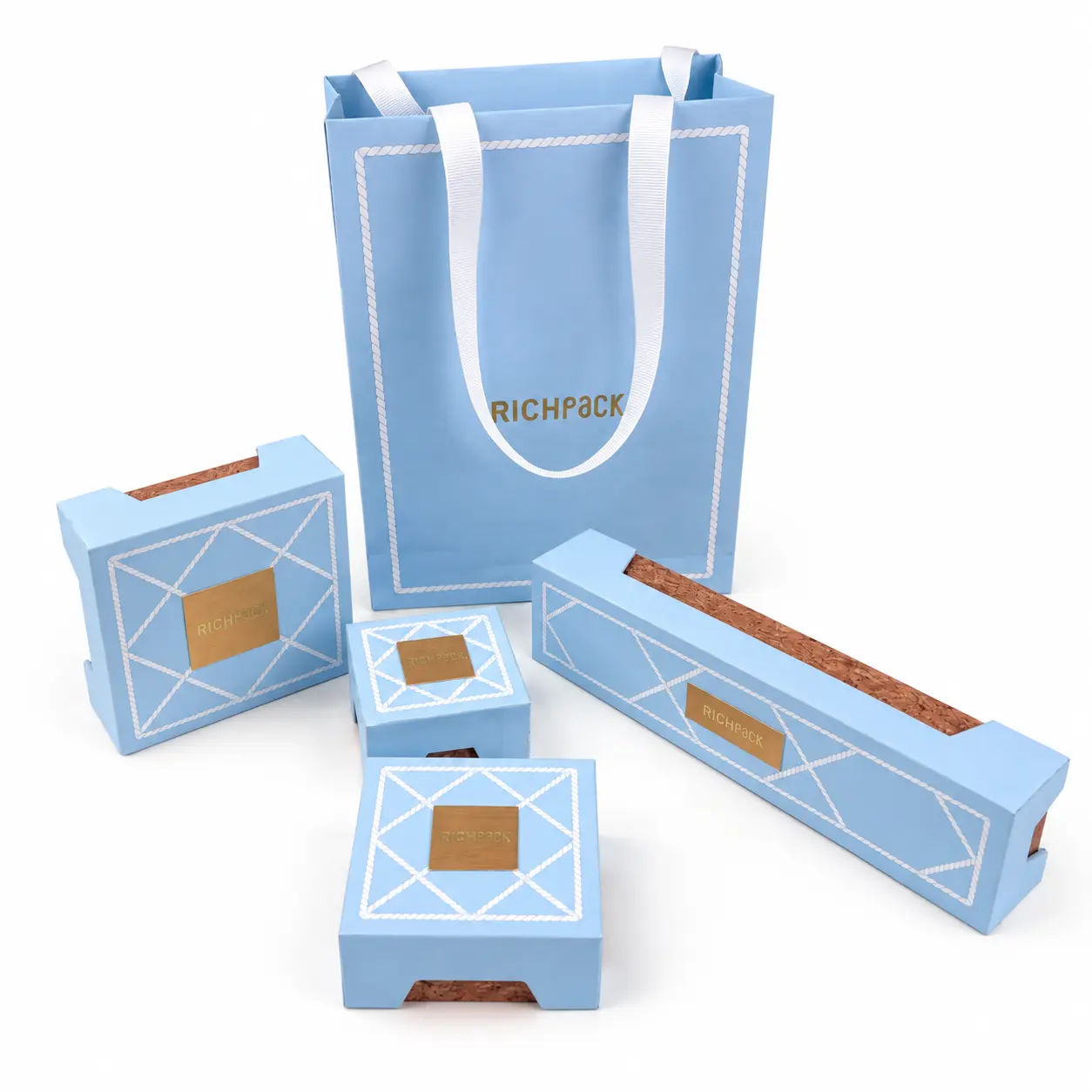 PPWR Jewelry Packaging | Blue Specialty Paper & Cork Jewelry Box Set with Gift Bag | Richpack - ppwr jewelry box3