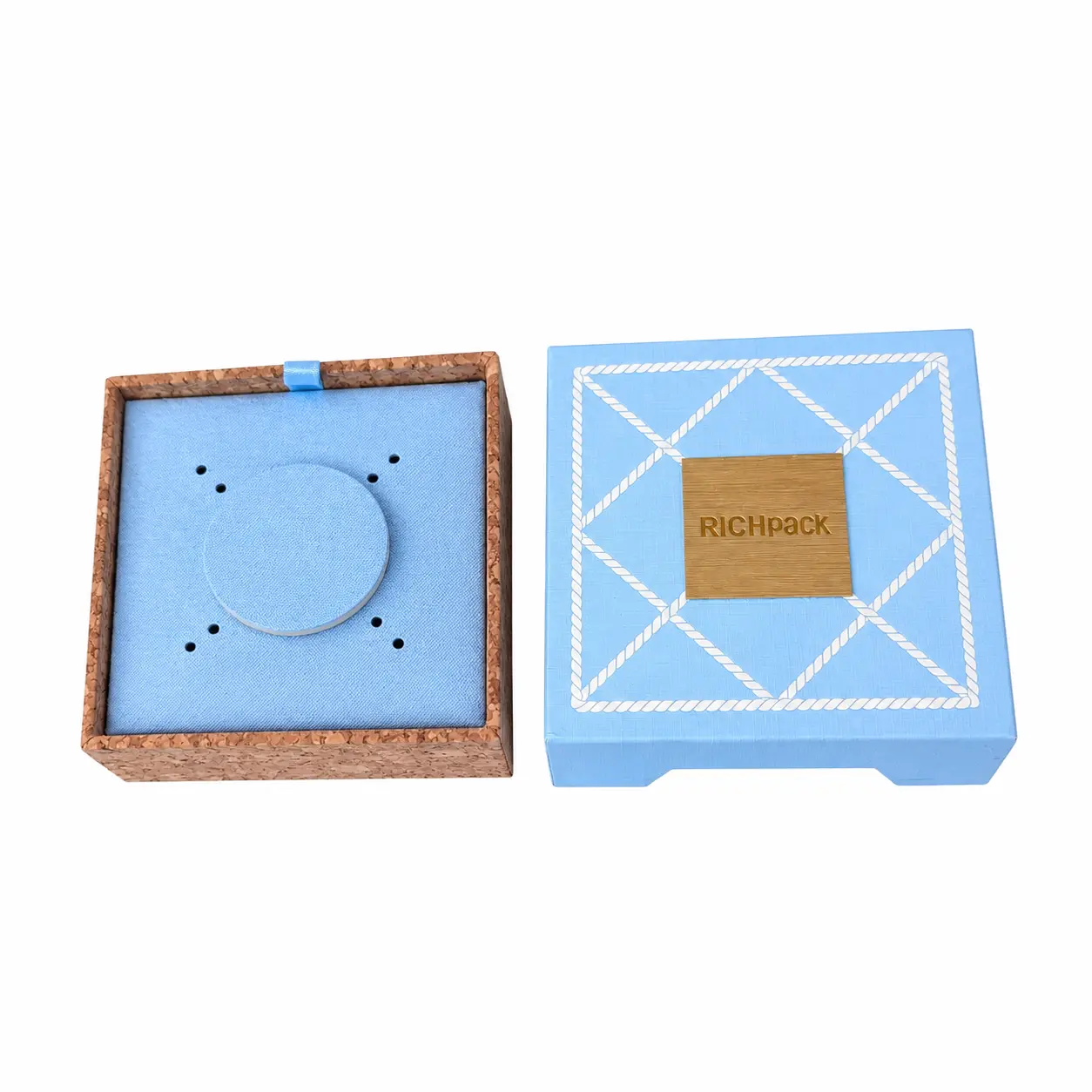 PPWR Jewelry Packaging | Blue Specialty Paper & Cork Jewelry Box Set with Gift Bag | Richpack - ppwr jewelry box4