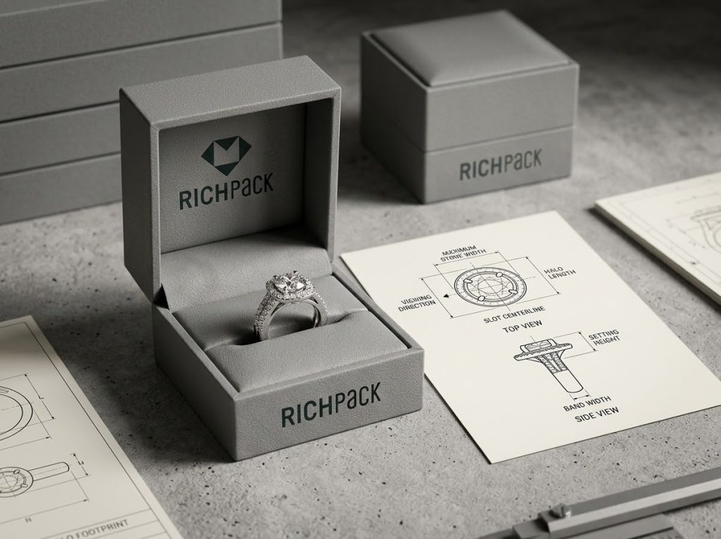 Top and side views showing a ring stone or halo footprint for ring box insert planning