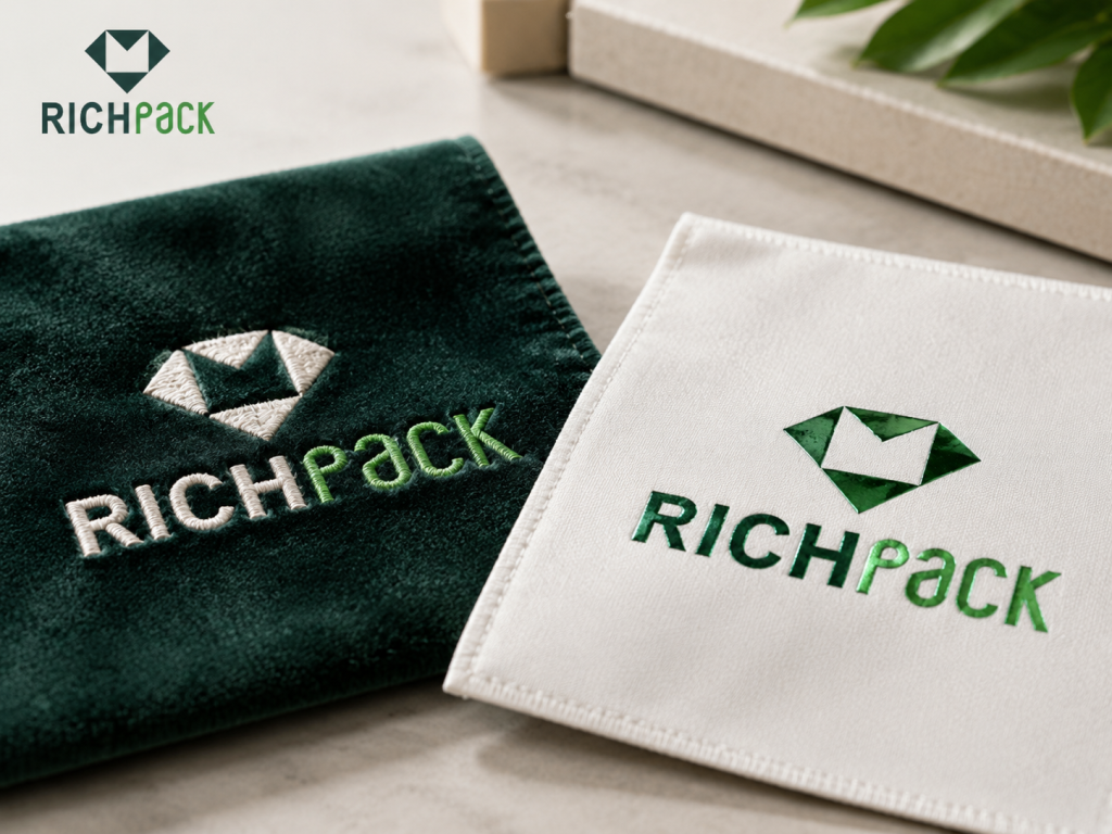 Embroidery and foil logo methods on different pouch surfaces.