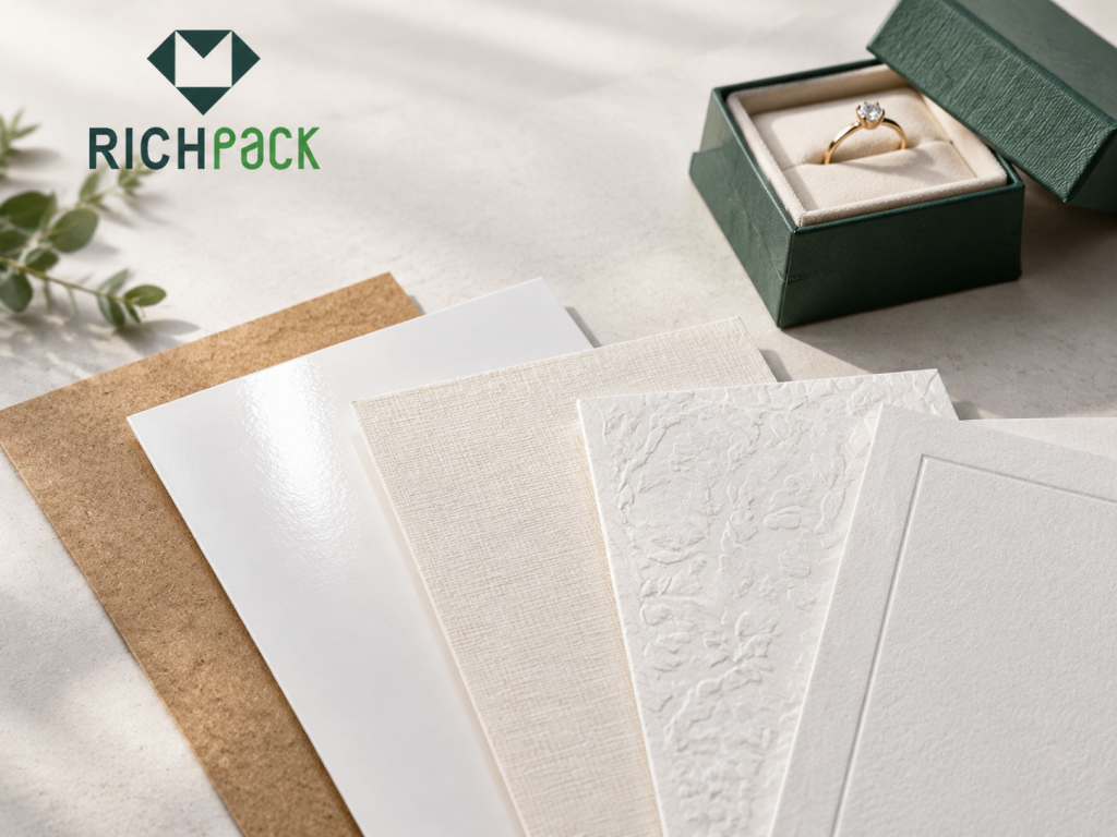 Paper surface and finish samples for jewelry packaging.