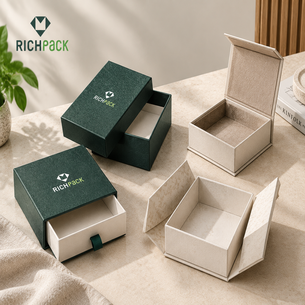 Cutaway comparison of lid-and-base, magnetic, drawer, and folding gift boxes showing how each structure changes usable interior space.