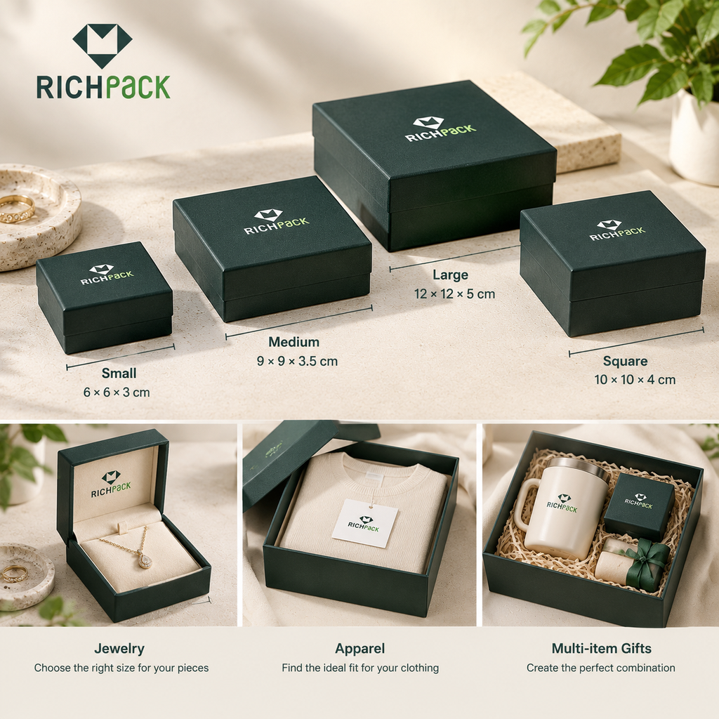 Illustrative small, medium, large, and square gift box size examples with measurement-basis labels, plus jewelry, apparel, and multi-item selection conditions.
