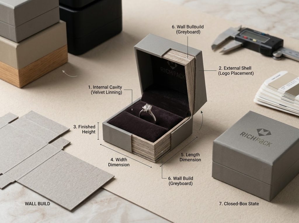 Ring box diagram showing internal and external length, width, height, wall build, and inside/outside labels