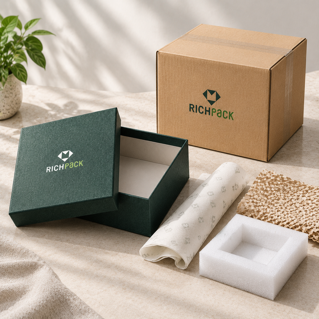 Diagram separating gift box inside dimensions and outside dimensions from the packed shipping carton dimensions.