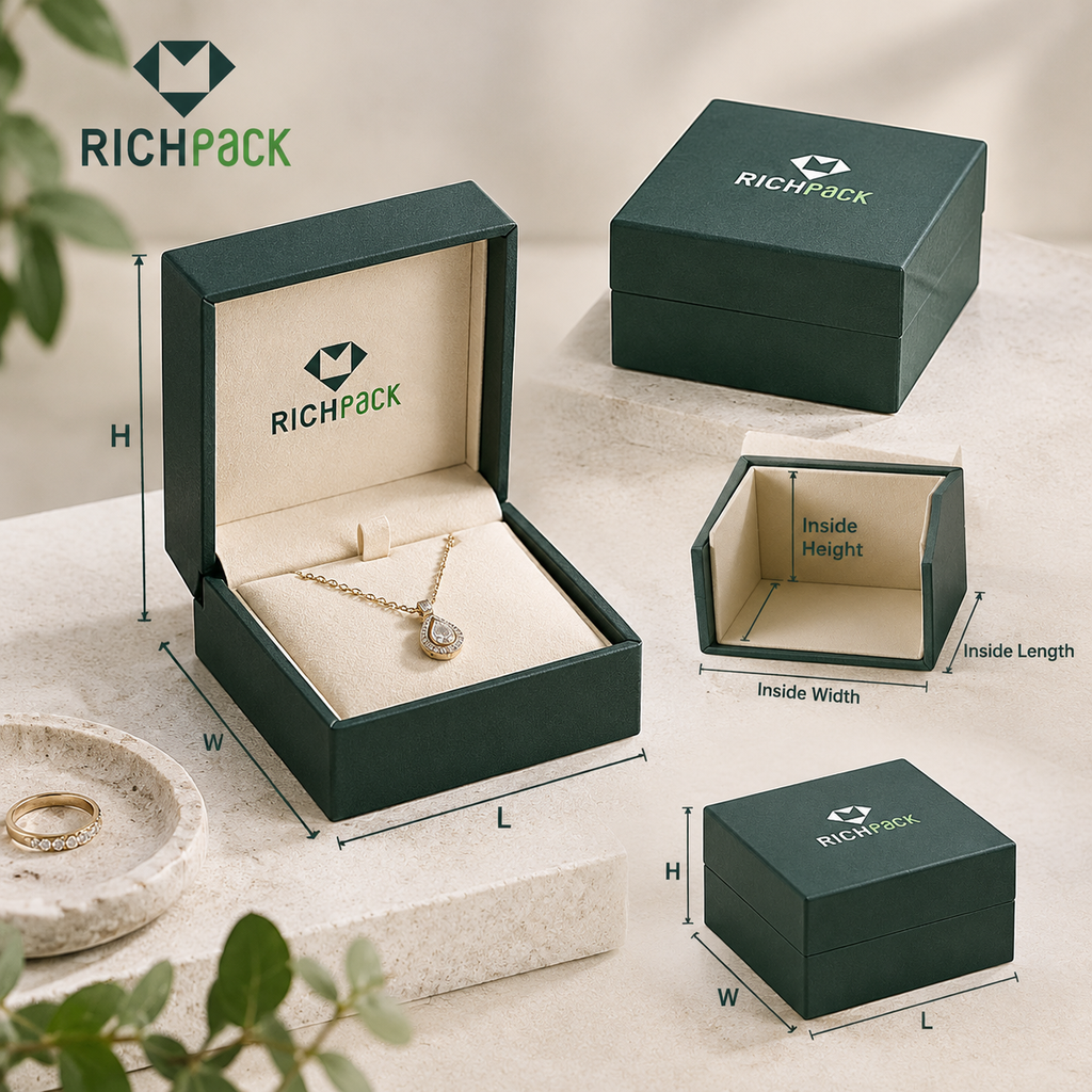 Gift box diagram labeling length, width, height, inside dimensions, outside dimensions, and usable height with the lid closed.