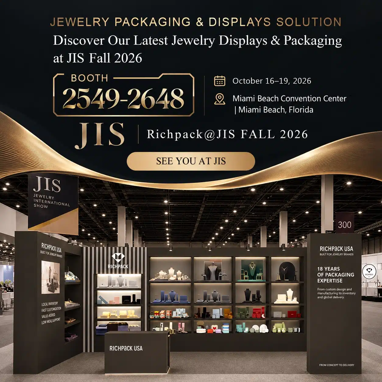 Richpack booth at JIS Fall 2026 jewelry trade show showcasing custom jewelry packaging and display solutions at Miami Beach Convention Center, booth 2549-2648