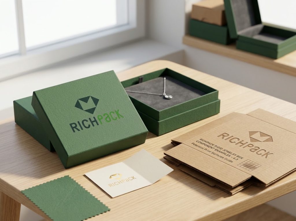 Rigid jewelry box diagram separating the wrap, lid panel, insert card, fitted insert, and shipping carton