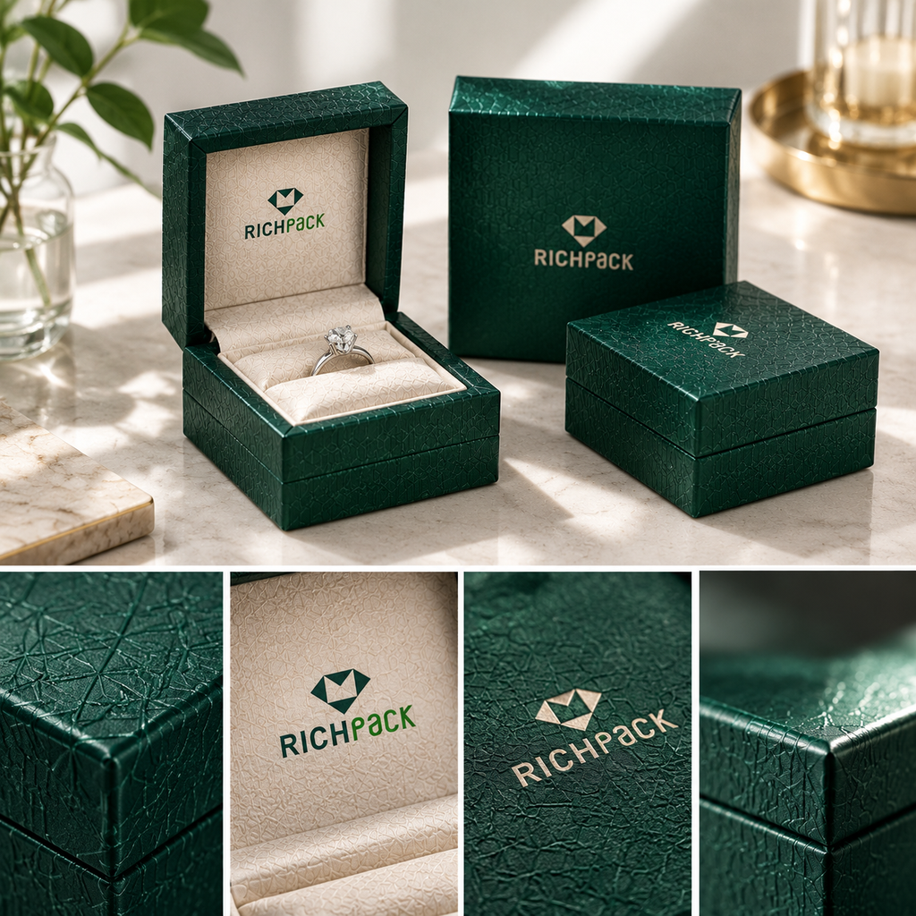 Printed jewelry box sample checked under daylight and store lighting for color and foil detail.
