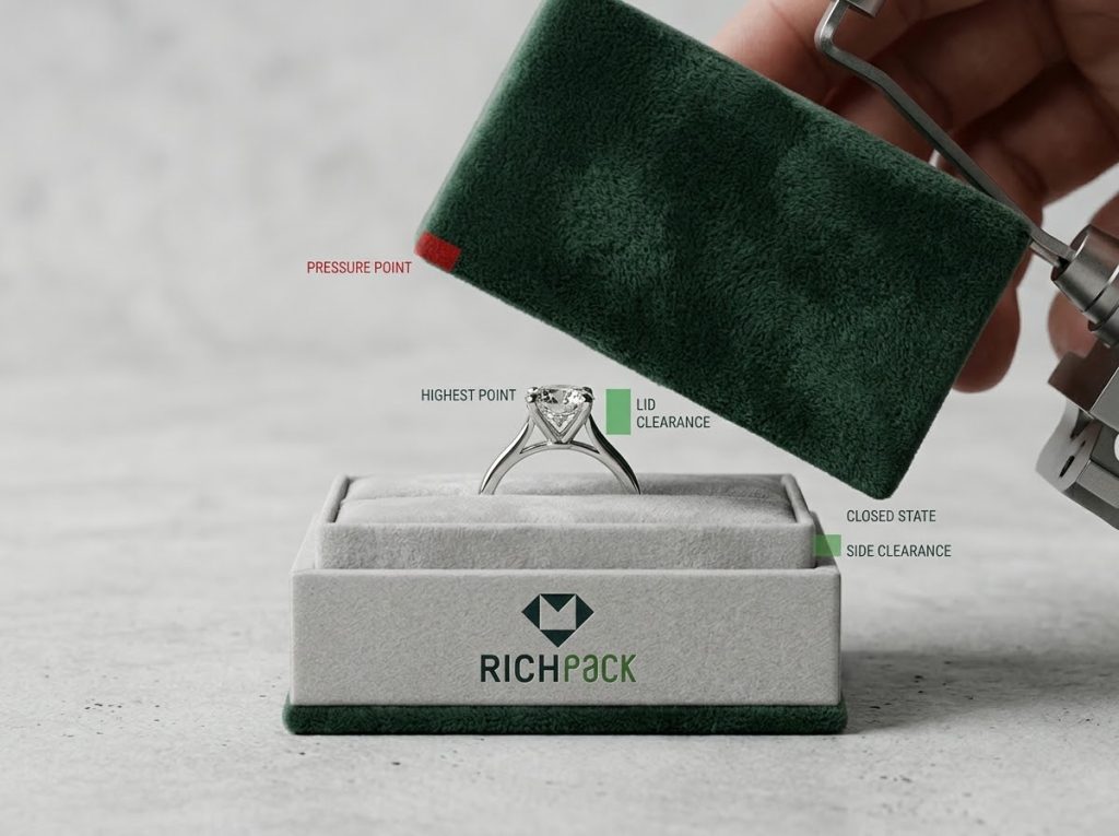 Side view of a high-set ring showing stone height and lid clearance inside a ring box