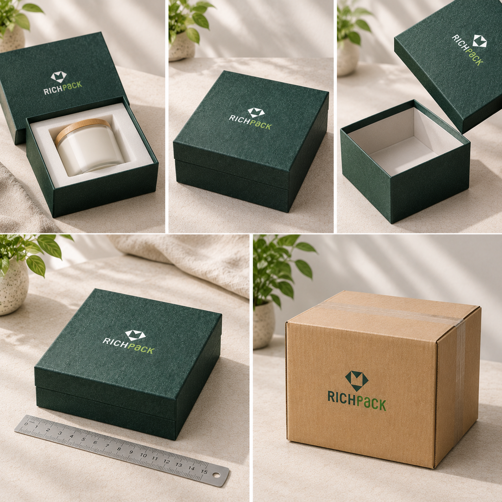 Custom gift box sample checklist showing product fit, insert layout, lid closure, removal, outside size, and packed carton review.