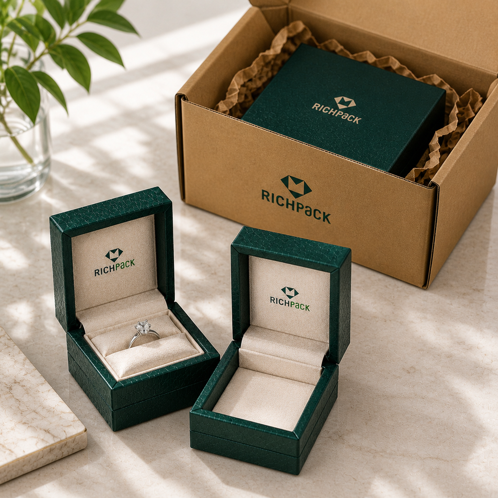 Empty jewelry box compared with a packed unit containing jewelry, insert, and outer shipper.