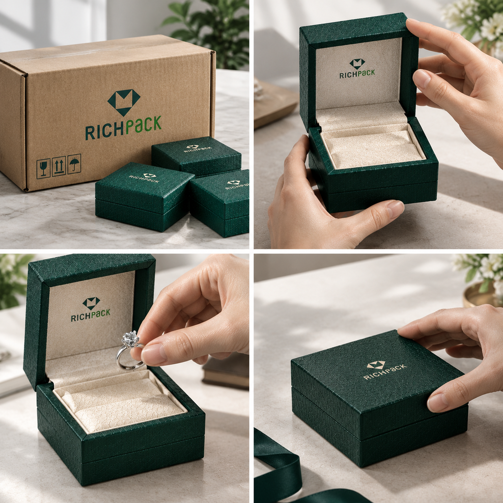 Jewelry gift box handling sequence from shipper to unboxing and returning the piece to its insert.