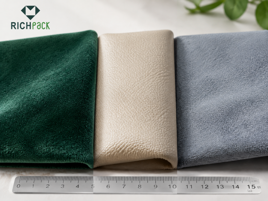 Velvet, leatherette, and microfiber jewelry pouch surfaces compared.