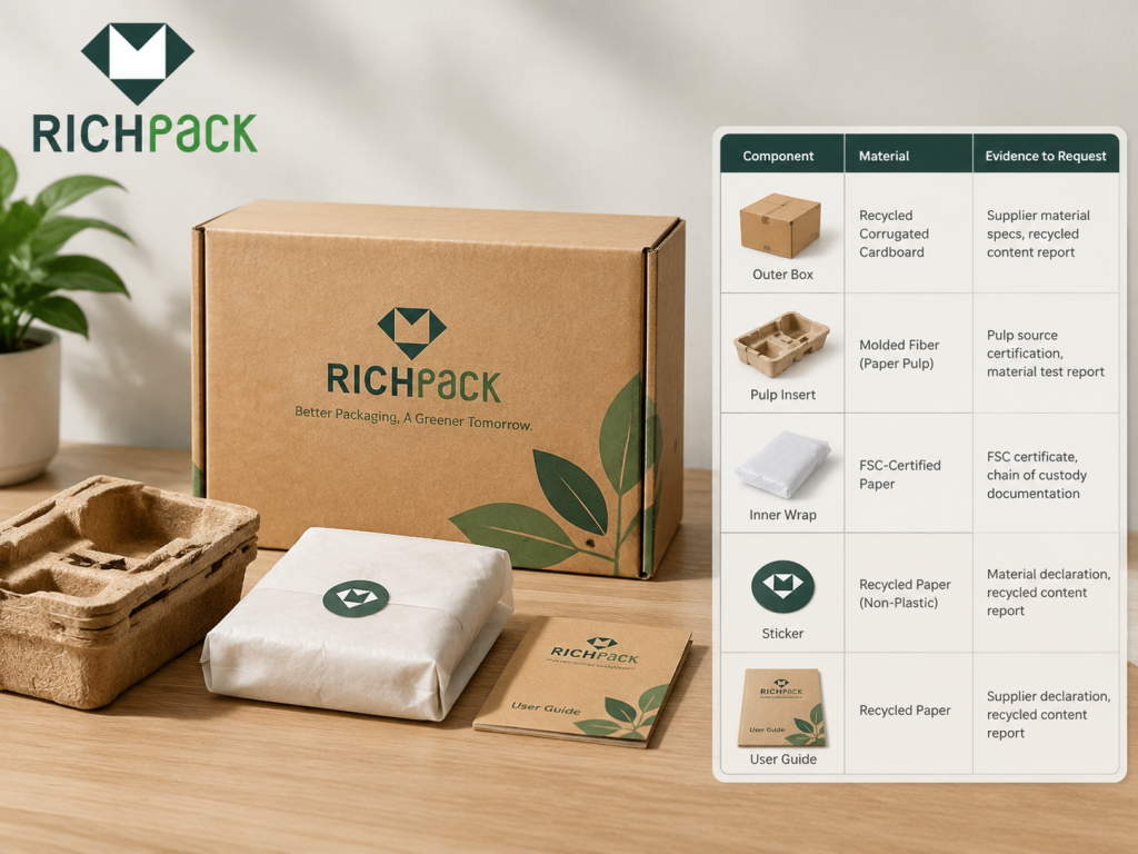 Jewelry packaging parts mapped to FSC claim and supplier evidence checks.