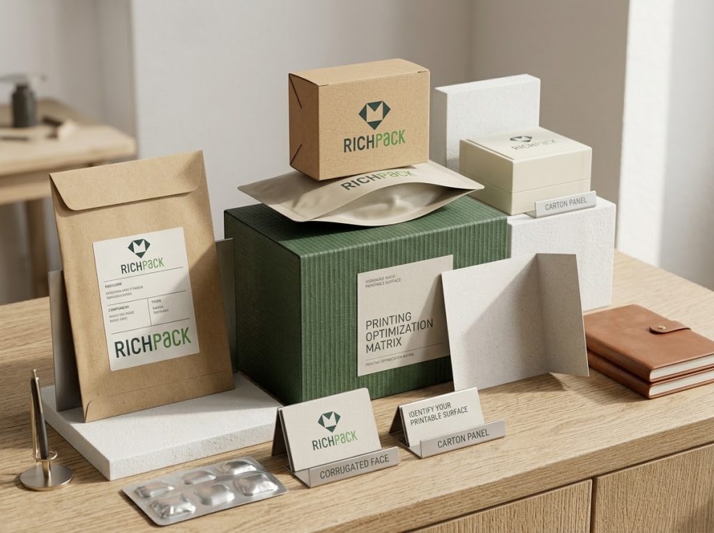 Packaging format diagram identifying the print surface on a carton, pouch, label, corrugated box, rigid box, and insert card